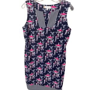 Jude Connally Navy & Hot Pink Pagoda Print Sheath Dress, size medium